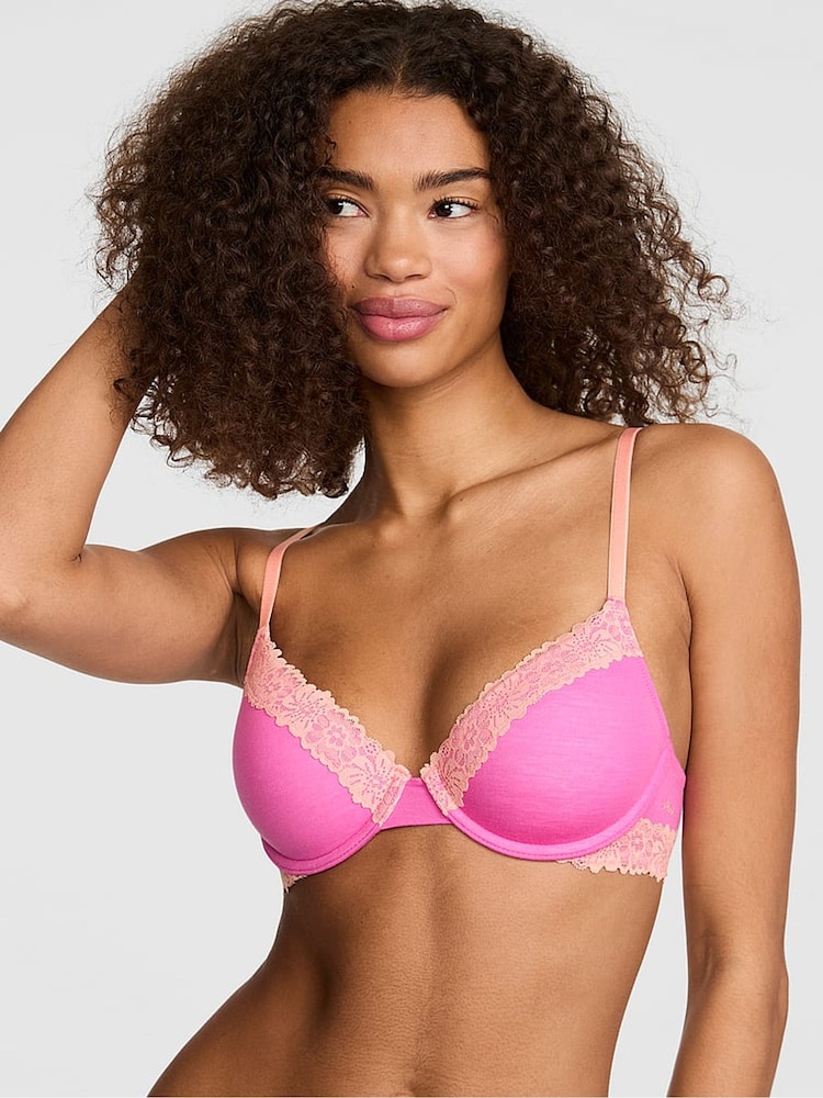 Victoria's Secret Pink Sizzling Strawberry Pink Lightly Lined Cotton Heather Lace Trim Bra - Image 1 of 2