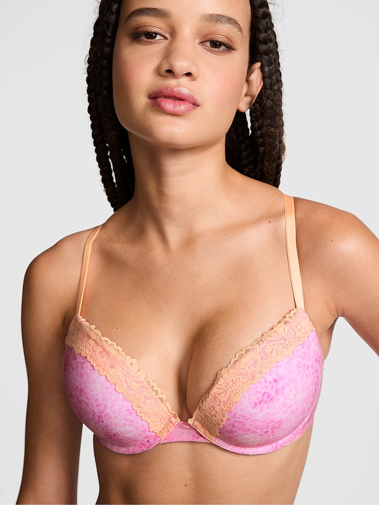 Victoria's Secret PINK Coconut Pink Leopard Super Push Up Cotton Heather Lace Trim Bra - Image 1 of 2