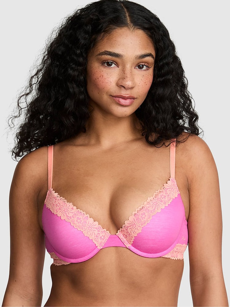 Victoria's Secret PINK Sizzling Strawberry Pink Push Up Cotton Heather Lace Trim Bra - Image 1 of 2 Victoria's Secret PINK Sizzling Strawberry Pink Push Up Cotton Heather Lace Trim Bra - Image 1 of 2