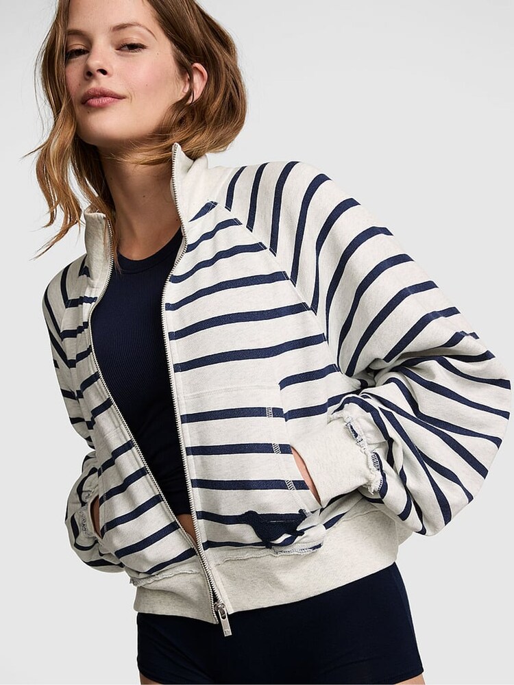 Victoria's Secret Pink Noir Navy Blue Stripe Full Zip Sweatshirt - Image 1 of 2
