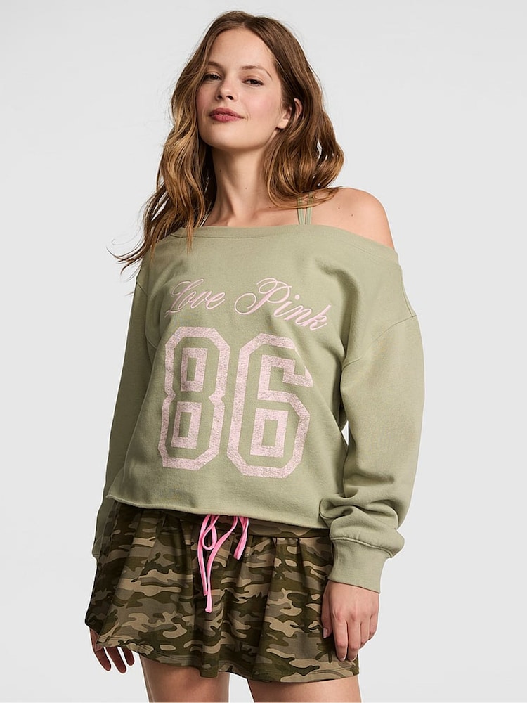 Victoria's Secret Pink Slate Green Off The Shoulder Fleece Sweatshirt - Image 1 of 2