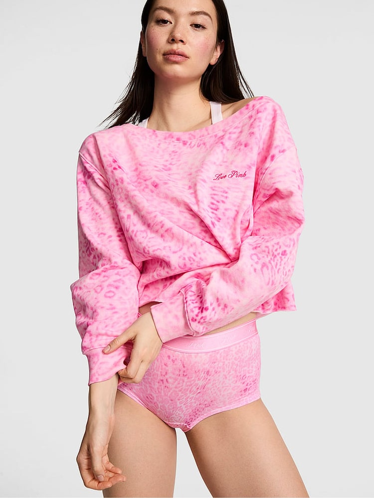 Victoria's Secret Pink Coconut Pink Leopard Print Off The Shoulder Fleece Sweatshirt - Image 2 of 3
