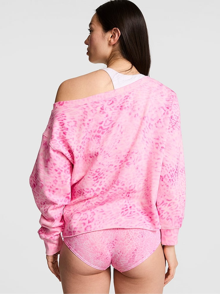 Victoria's Secret Pink Coconut Pink Leopard Print Off The Shoulder Fleece Sweatshirt - Image 3 of 3