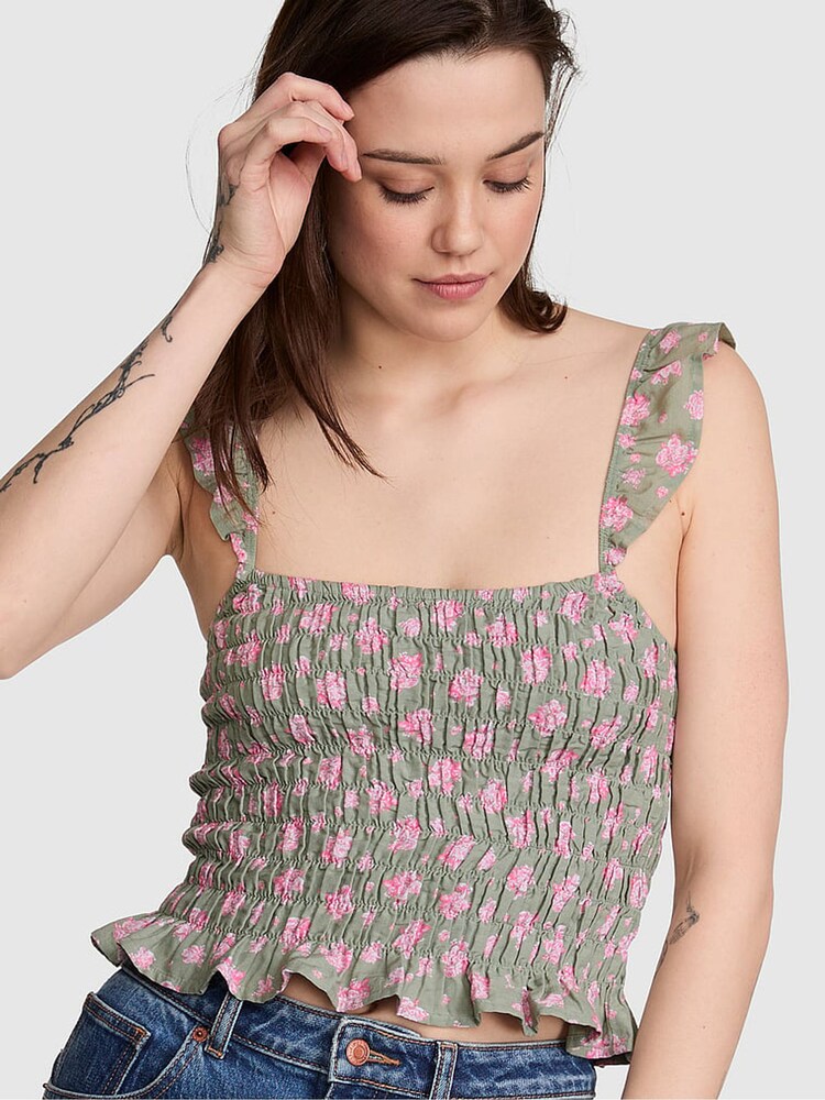 Victoria's Secret Pink Slate Green Floral Print Smocked Ruffle Top - Image 1 of 2 Victoria's Secret Pink Slate Green Floral Print Smocked Ruffle Top - Image 1 of 2