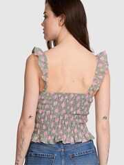 Victoria's Secret Pink Slate Green Floral Print Smocked Ruffle Top - Image 2 of 2