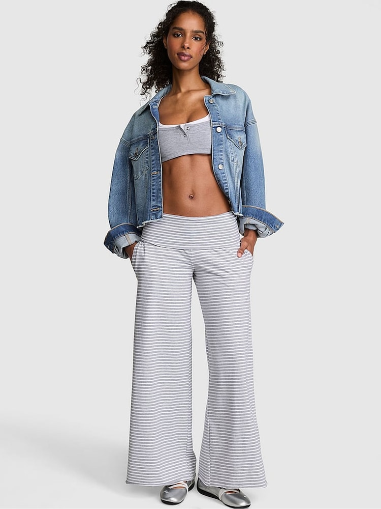 Victoria's Secret Pink Grey Stripe Foldover Wide leg Trousers - Image 1 of 2 Victoria's Secret Pink Grey Stripe Foldover Wide leg Trousers - Image 1 of 2