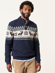 FatFace Matching Family Navy Moose Quarter Zip Christmas Jumper - Image 1 of 7