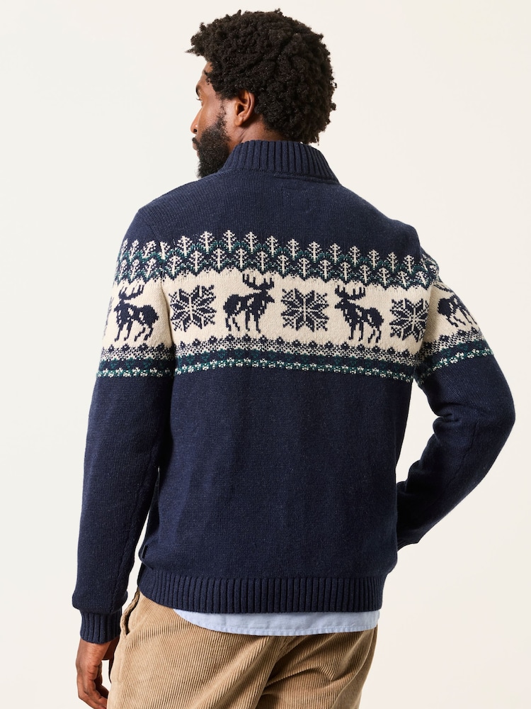 FatFace Matching Family Navy Moose Quarter Zip Christmas Jumper - Image 2 of 7