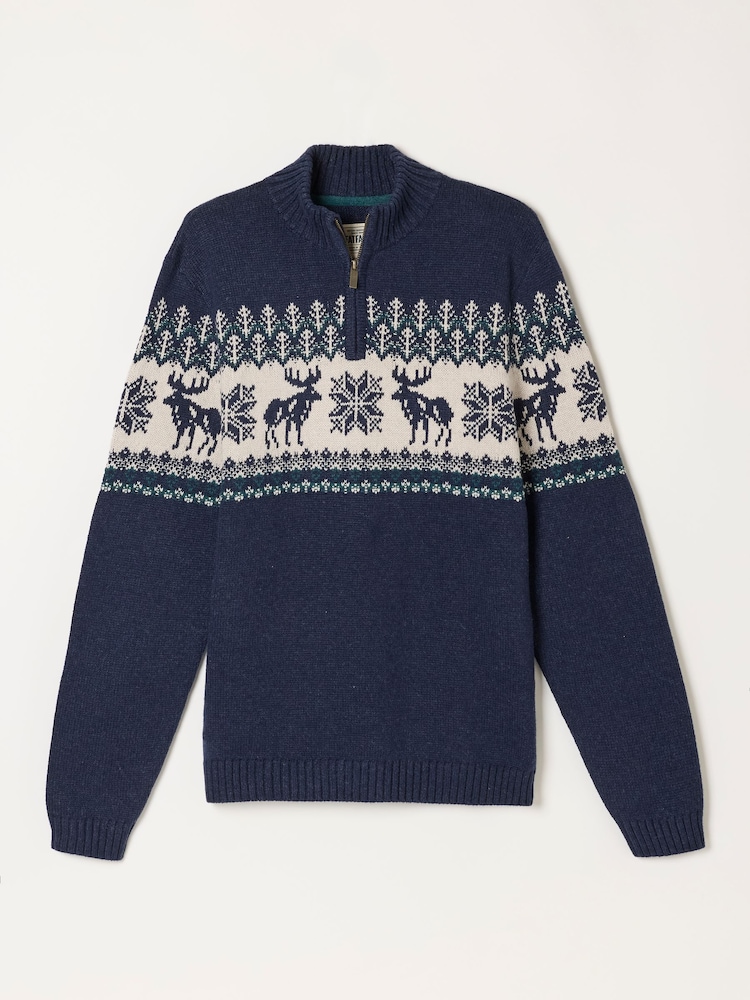 FatFace Matching Family Navy Moose Quarter Zip Christmas Jumper - Image 7 of 7