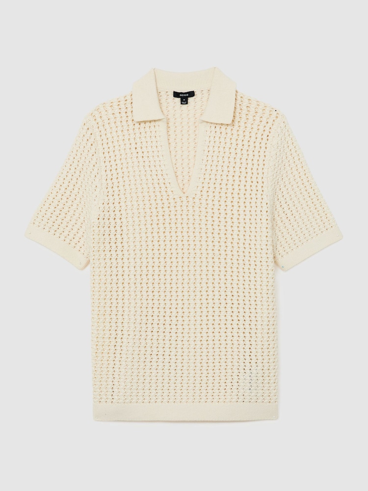 Reiss White Bronwyn Crochet Open-Collar Polo Shirt - Image 2 of 5 Reiss White Bronwyn Crochet Open-Collar Polo Shirt - Image 2 of 5