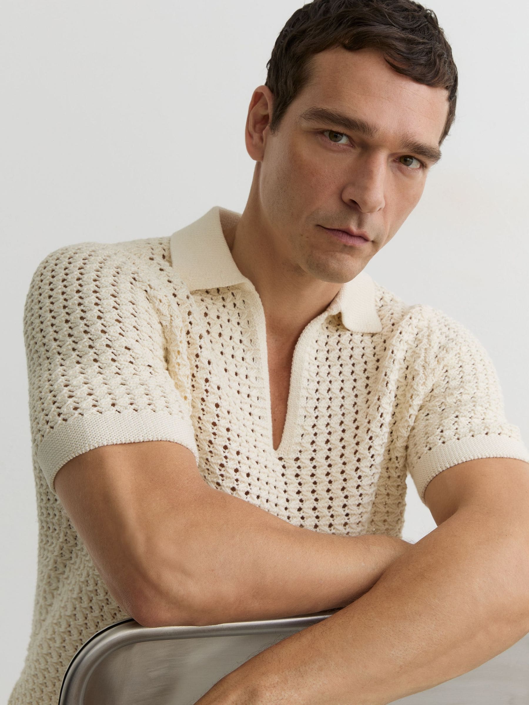 Buy Reiss White Bronwyn Crochet Open-Collar Polo Shirt from the