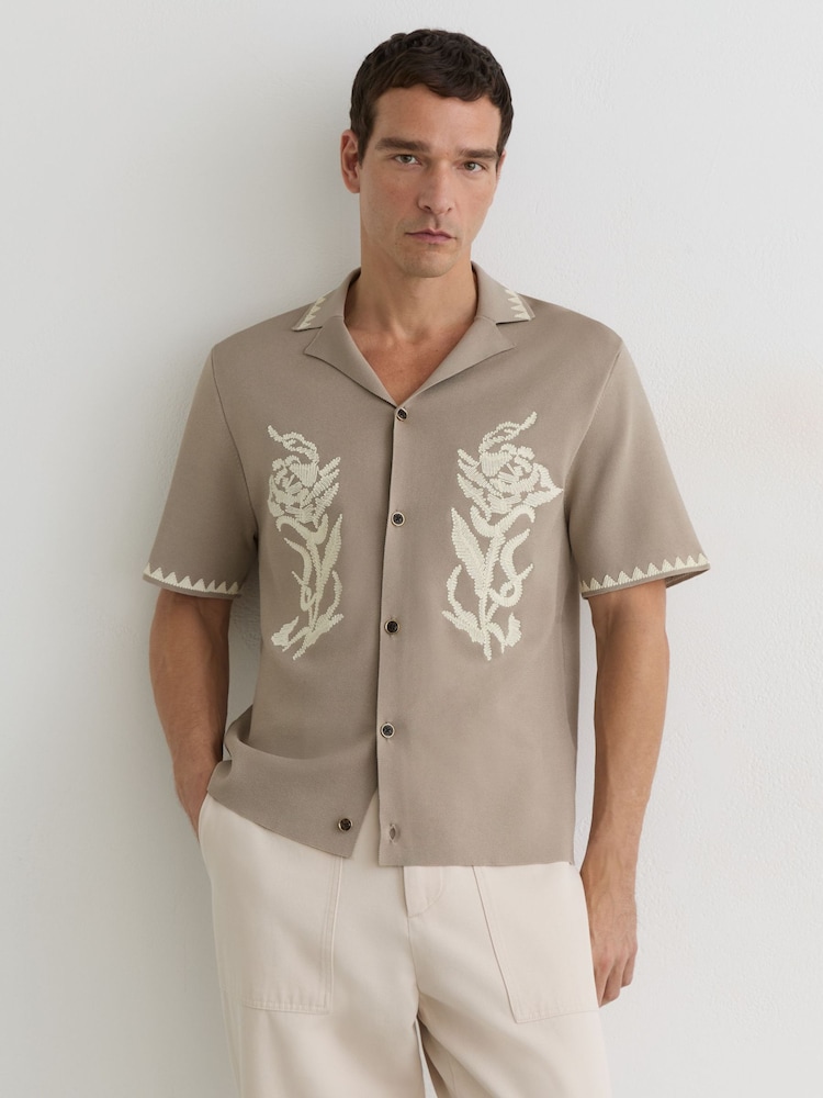 Reiss Champagne Folia Floral-Embroidered Knitted Shirt - Image 1 of 6