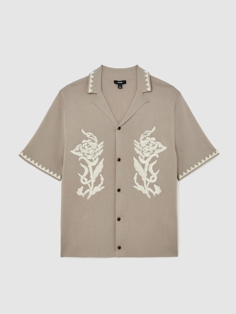 Reiss Champagne Folia Floral-Embroidered Knitted Shirt - Image 2 of 6