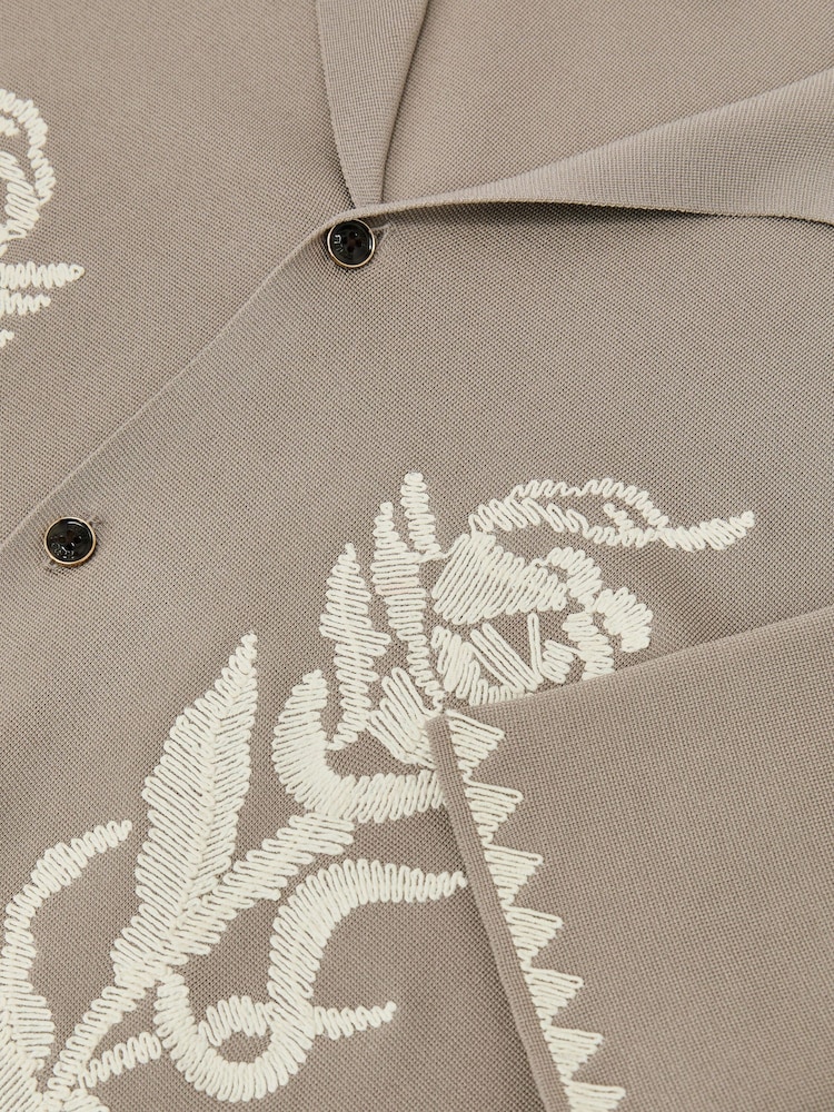 Reiss Champagne Folia Floral-Embroidered Knitted Shirt - Image 6 of 6