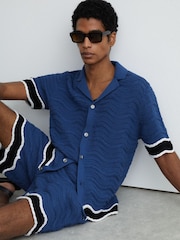 Reiss Blue Ciro Cotton-Blend Wave-Knit Tipped Shirt - Image 1 of 6