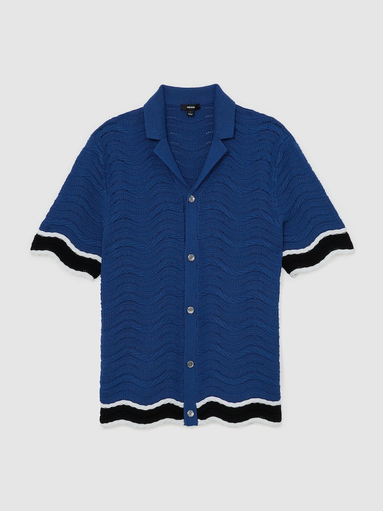 Reiss Blue Ciro Cotton-Blend Wave-Knit Tipped Shirt - Image 2 of 6