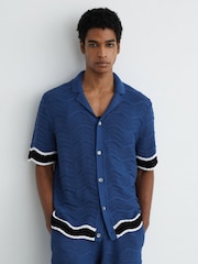 Reiss Blue Ciro Cotton-Blend Wave-Knit Tipped Shirt - Image 3 of 6