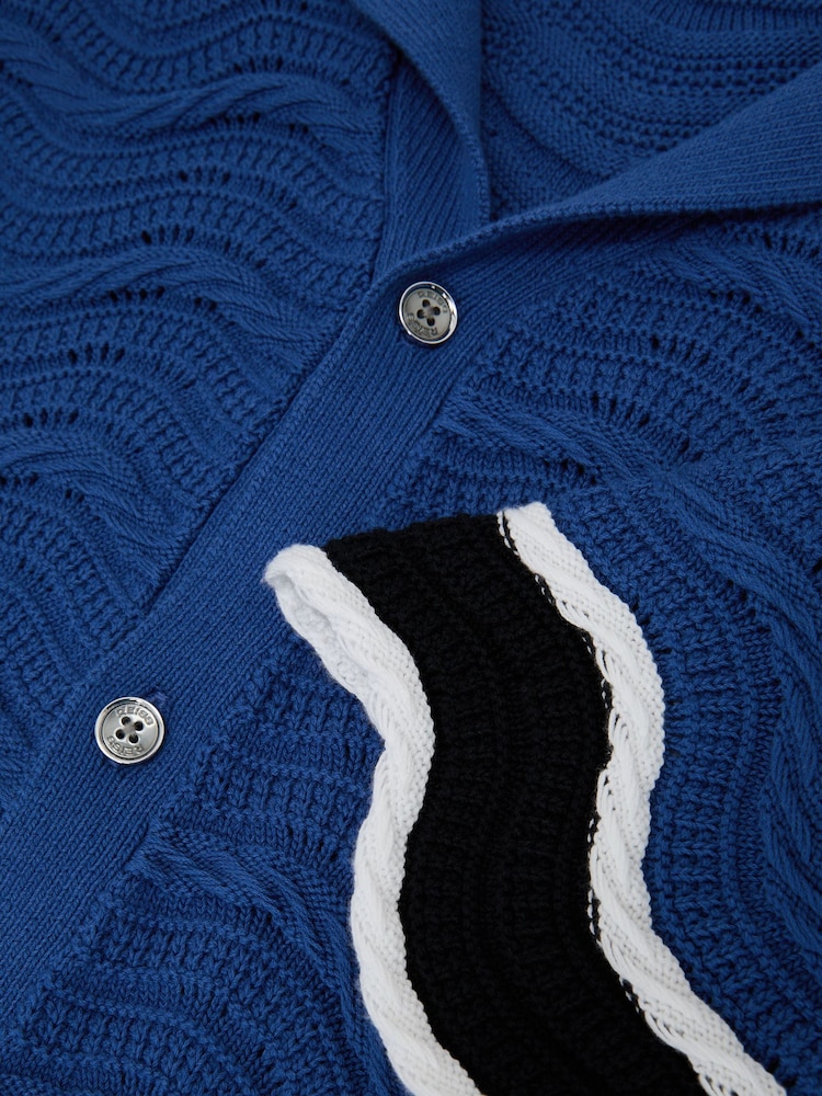 Reiss Blue Ciro Cotton-Blend Wave-Knit Tipped Shirt - Image 6 of 6