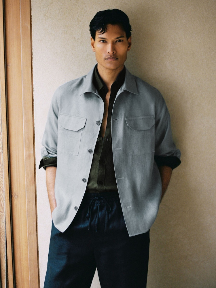 Reiss Teal Blue Polasio Linen Herringbone-Stripe Regular-Fit Shirt - Image 1 of 9