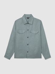 Reiss Teal Blue Polasio Linen Herringbone-Stripe Regular-Fit Shirt - Image 2 of 9