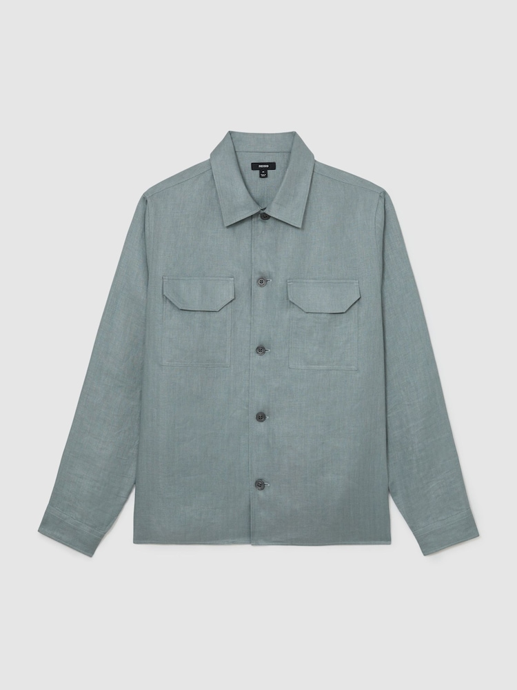 Reiss Teal Blue Polasio Linen Herringbone-Stripe Regular-Fit Shirt - Image 2 of 9