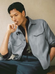 Reiss Teal Blue Polasio Linen Herringbone-Stripe Regular-Fit Shirt - Image 4 of 9