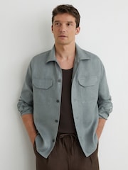 Reiss Teal Blue Polasio Linen Herringbone-Stripe Regular-Fit Shirt - Image 6 of 9