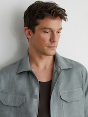 Reiss Teal Blue Polasio Linen Herringbone-Stripe Regular-Fit Shirt - Image 8 of 9