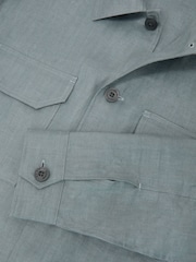 Reiss Teal Blue Polasio Linen Herringbone-Stripe Regular-Fit Shirt - Image 9 of 9