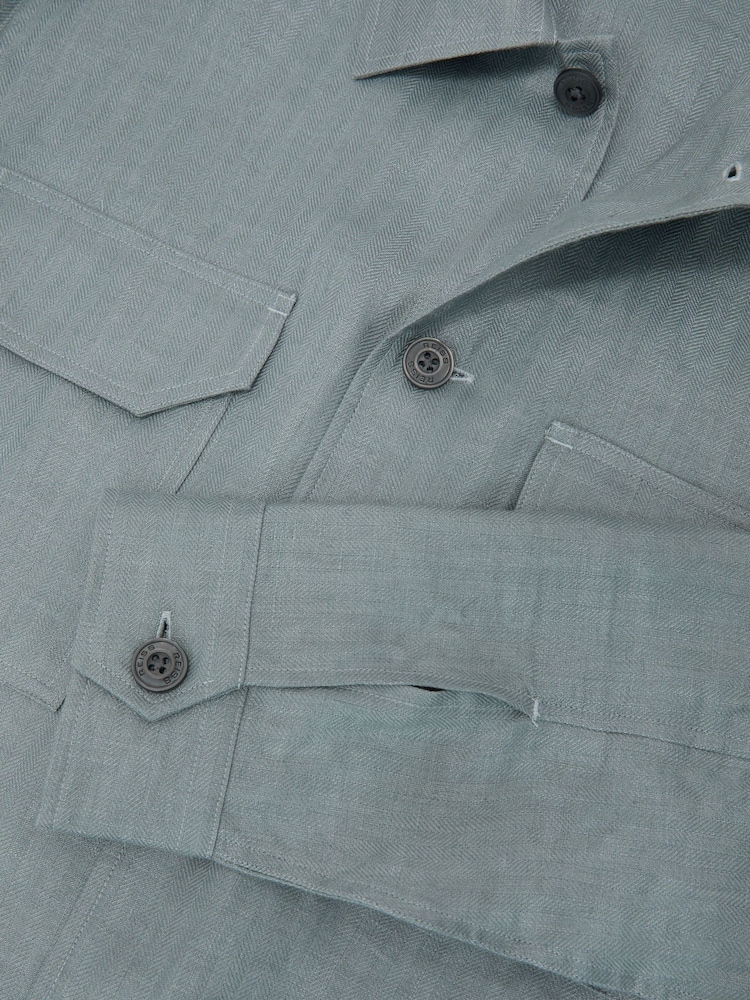Reiss Teal Blue Polasio Linen Herringbone-Stripe Regular-Fit Shirt - Image 9 of 9