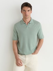 Reiss Soft Sage Green Rook Pigment-Dyed Merino Wool Open-Collar Polo Shirt - Image 1 of 5