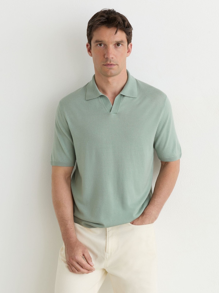 Reiss Soft Sage Green Rook Pigment-Dyed Merino Wool Open-Collar Polo Shirt - Image 1 of 5