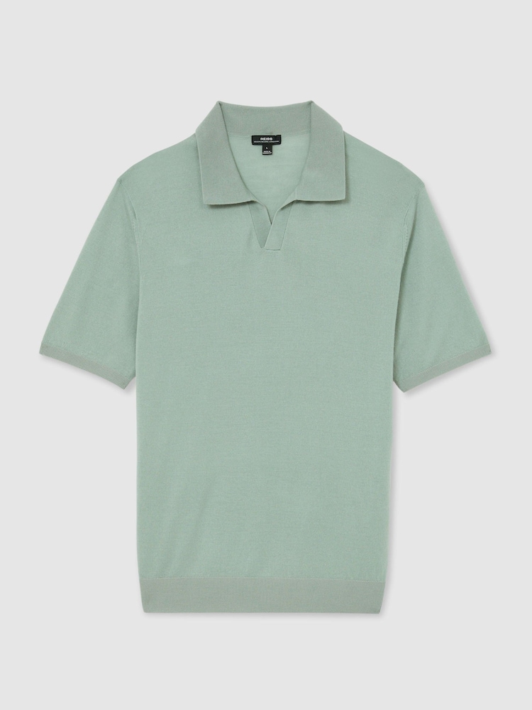 Reiss Soft Sage Green Rook Pigment-Dyed Merino Wool Open-Collar Polo Shirt - Image 2 of 5