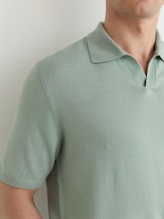 Reiss Soft Sage Green Rook Pigment-Dyed Merino Wool Open-Collar Polo Shirt - Image 3 of 5