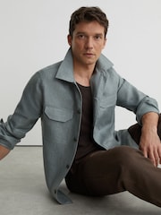 Reiss Midnight Green Polasio Linen Herringbone-Stripe Regular-Fit Shirt - Image 1 of 7