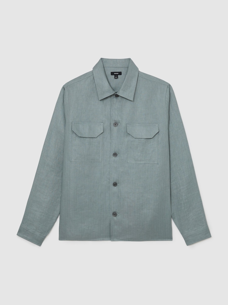 Reiss Midnight Green Polasio Linen Herringbone-Stripe Regular-Fit Shirt - Image 2 of 7