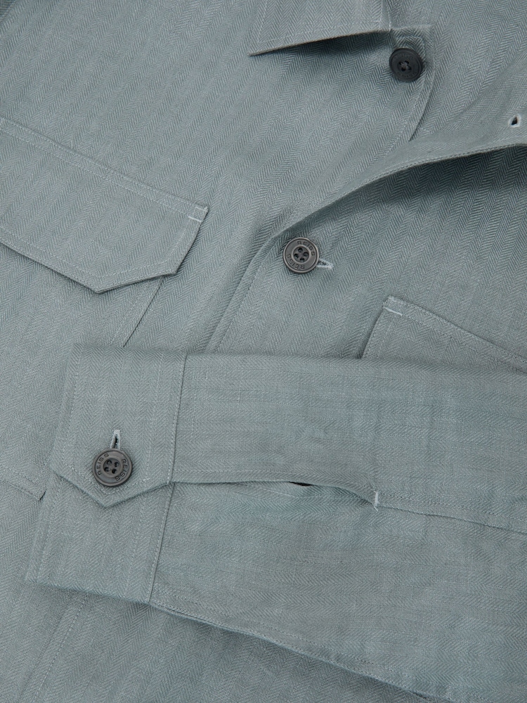 Reiss Midnight Green Polasio Linen Herringbone-Stripe Regular-Fit Shirt - Image 7 of 7