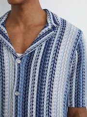 Reiss Soft Blue Fleet Stripe-Knit Cuban-Collar Shirt - Image 1 of 5