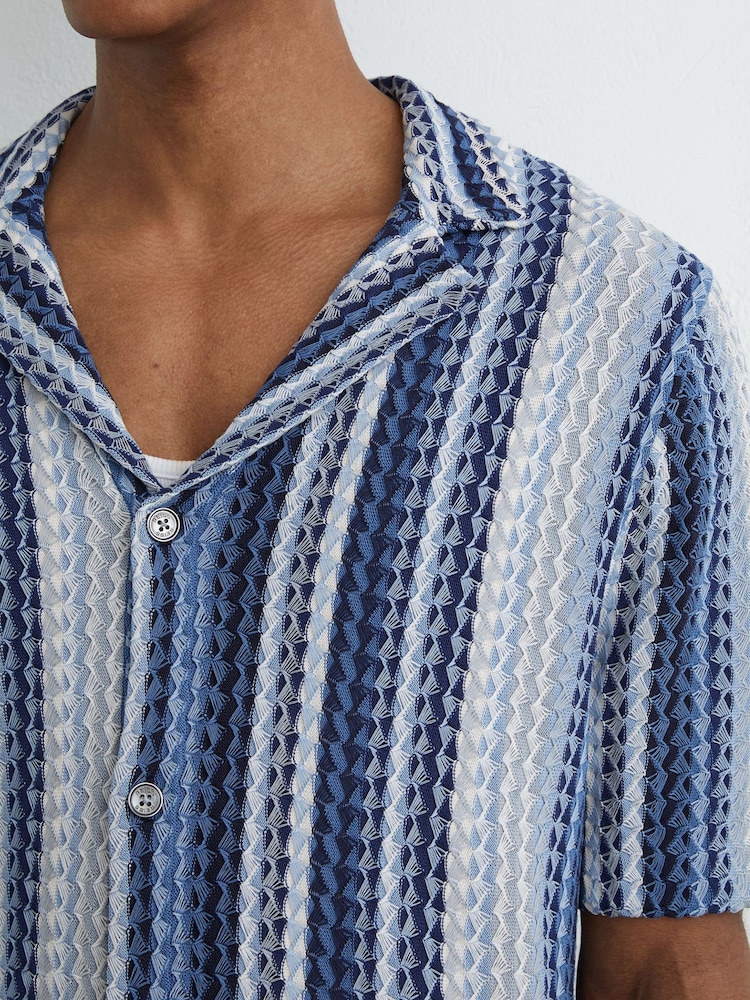 Reiss Soft Blue Fleet Stripe-Knit Cuban-Collar Shirt - Image 1 of 5