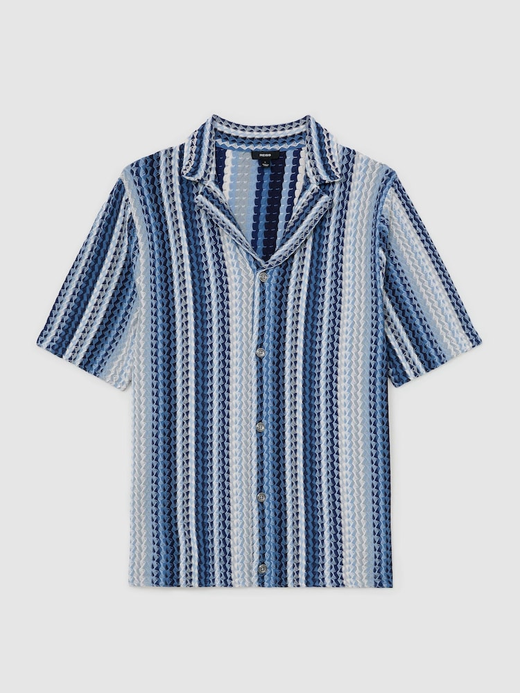 Reiss Soft Blue Fleet Stripe-Knit Cuban-Collar Shirt - Image 2 of 5