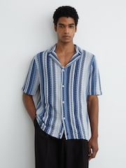 Reiss Soft Blue Fleet Stripe-Knit Cuban-Collar Shirt - Image 3 of 5