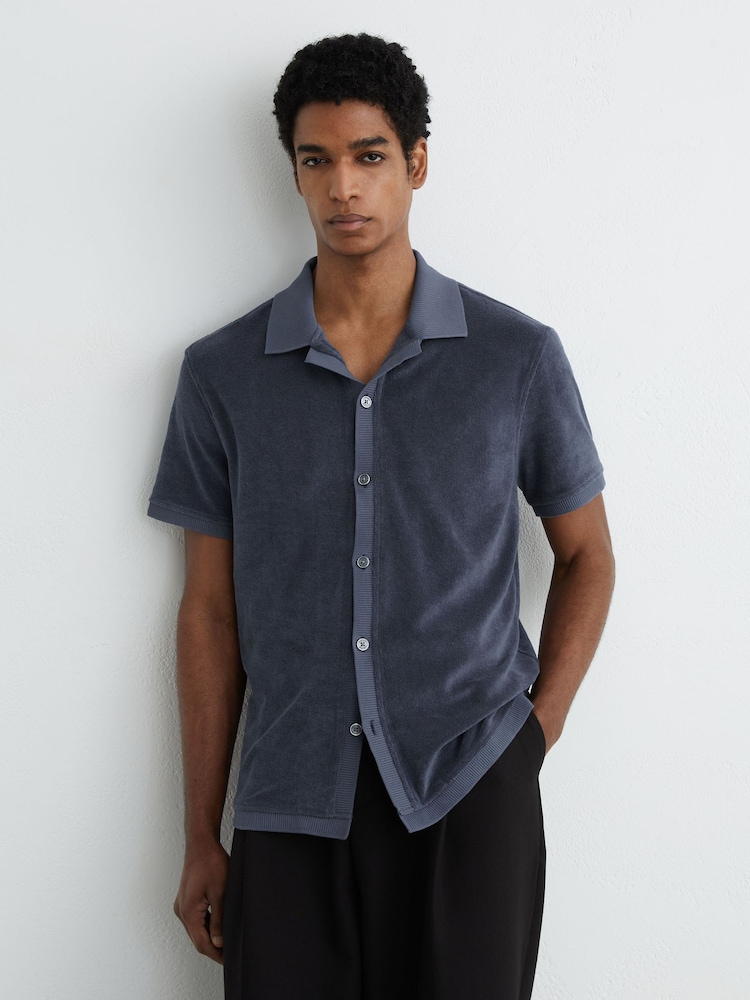 Reiss Airforce Blue Eden Towelling Short-Sleeve Shirt - Image 1 of 6