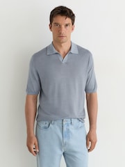 Reiss Soft Blue Rook Pigment-Dyed Merino Wool Open-Collar Polo Shirt - Image 3 of 6