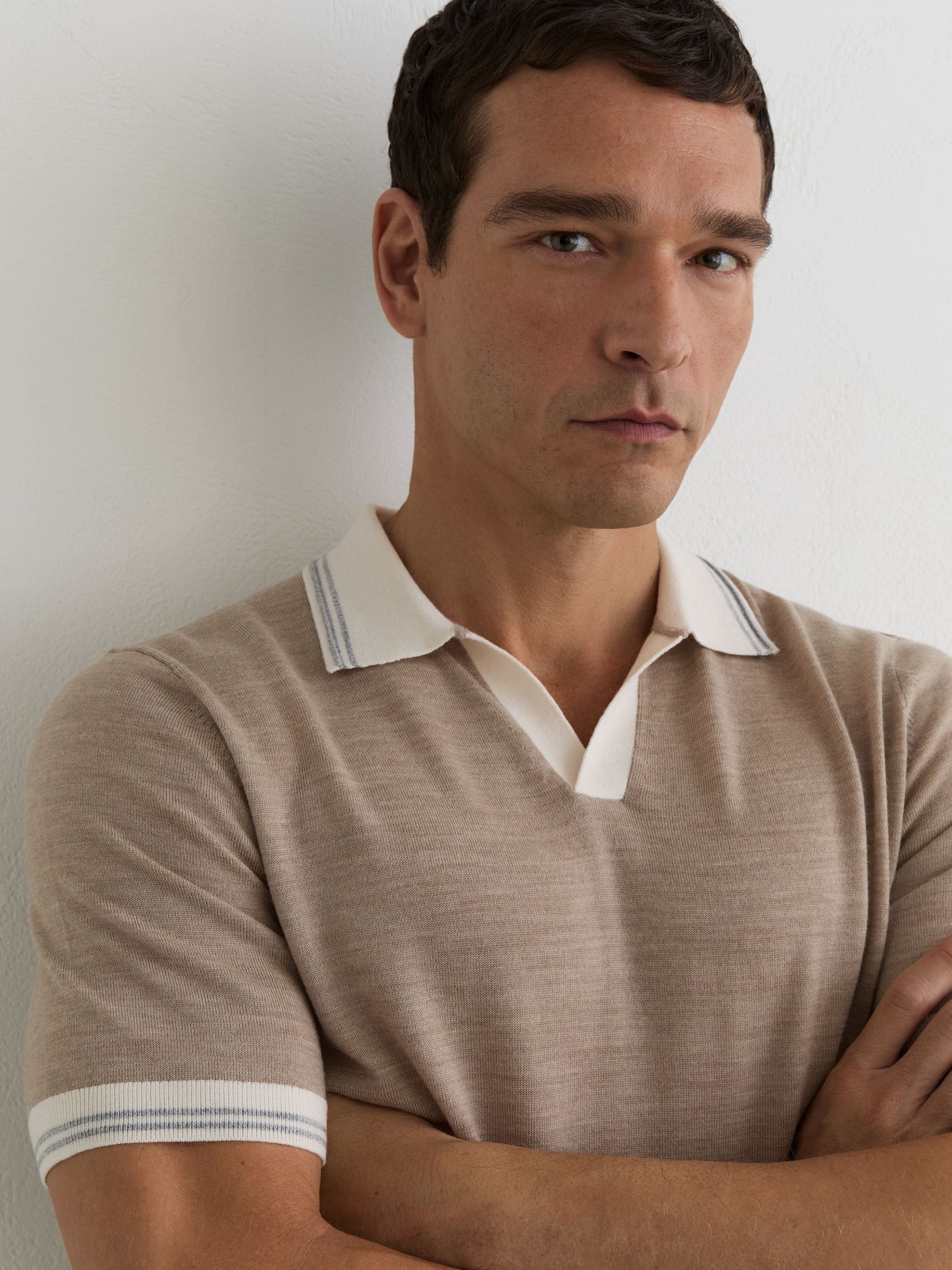 Buy Reiss Wheat Melange Redmire Merino Wool Tipped Polo Jumper