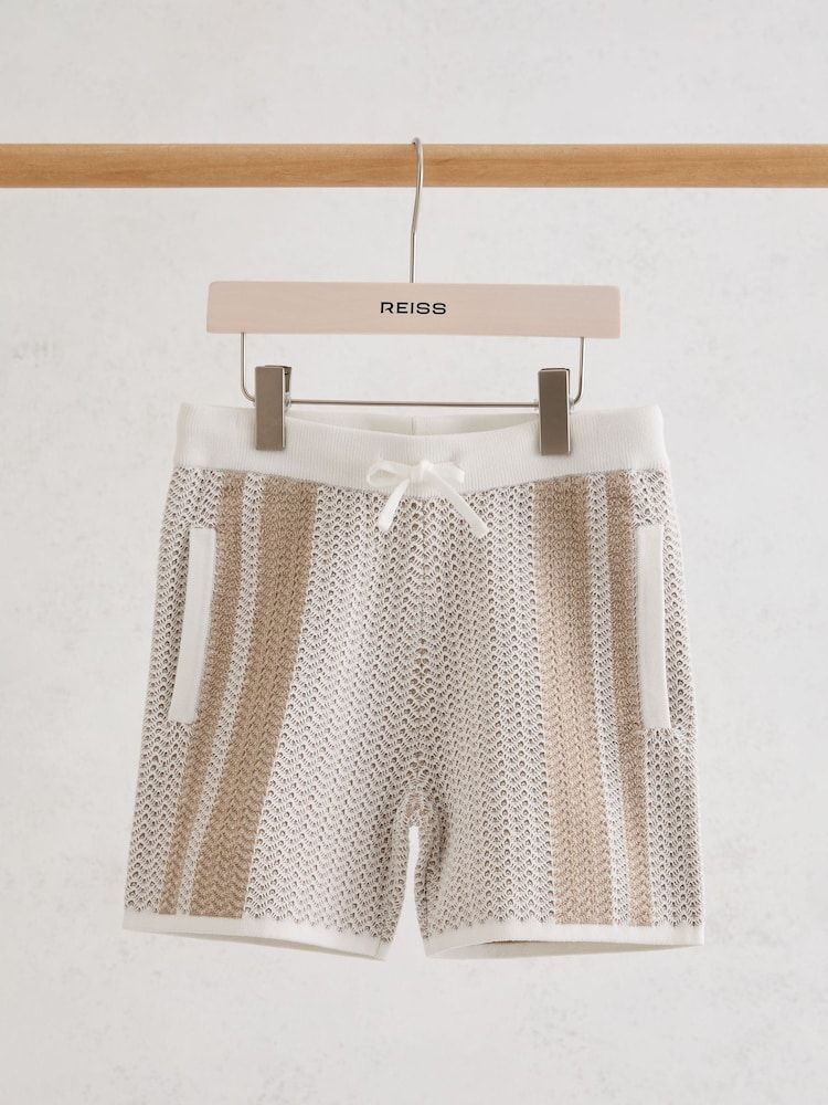 Reiss Off White/Light Camel Rudy 13-14 yrs Cotton Textured-Knit Striped Shorts - Image 2 of 3