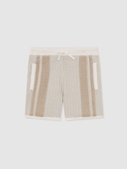 Reiss Off White/Light Camel Rudy 13-14 yrs Cotton Textured-Knit Striped Shorts - Image 3 of 3