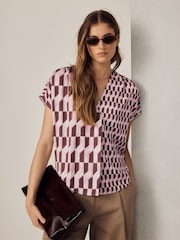 Pink/Brown Geometric Print Short Sleeve Overhead V-Neck Blouse - Image 1 of 5