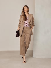 Pink/Brown Geometric Print Short Sleeve Overhead V-Neck Blouse - Image 2 of 5