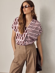 Pink/Brown Geometric Print Short Sleeve Overhead V-Neck Blouse - Image 3 of 5