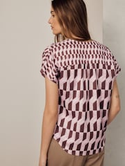 Pink/Brown Geometric Print Short Sleeve Overhead V-Neck Blouse - Image 4 of 5